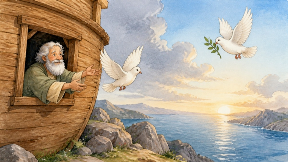 Noah at the ark's window releasing a dove that returns with a green olive leaf