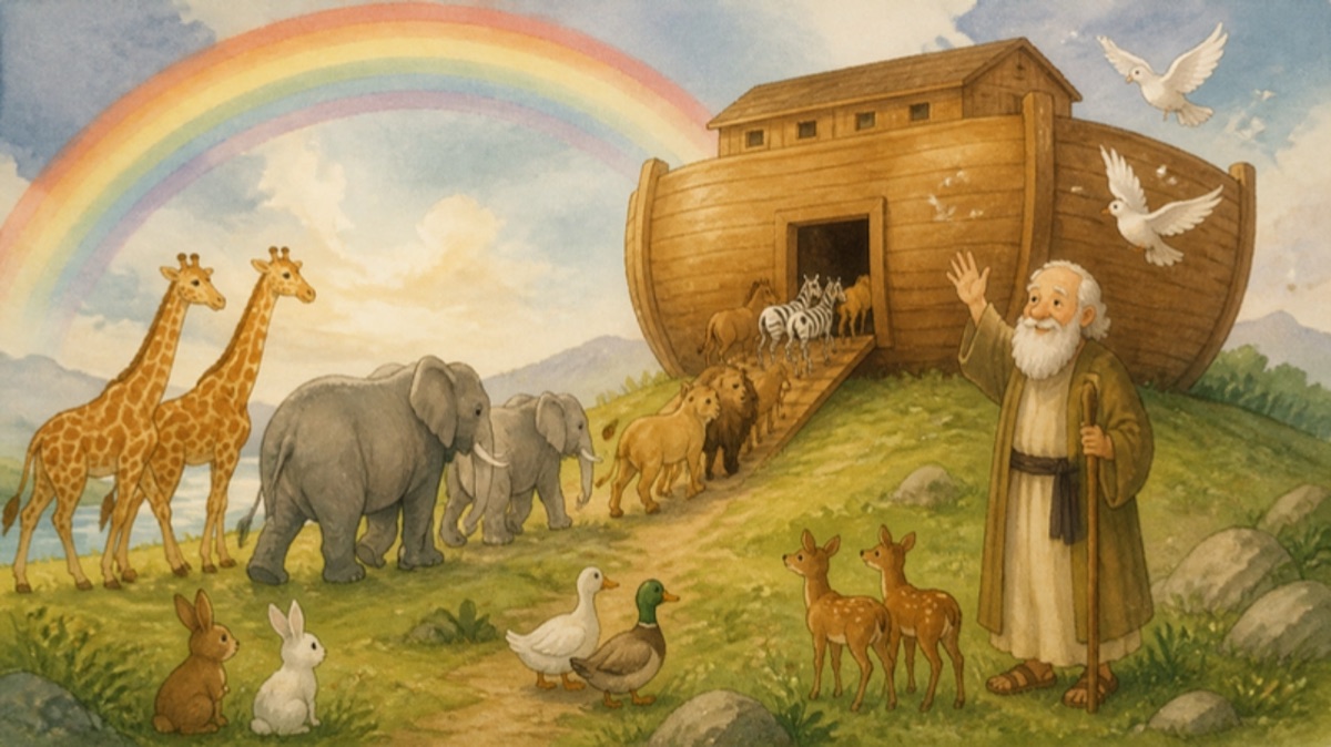 Watercolor children's illustration of Noah's ark on a green hill with a rainbow and pairs of animals walking in