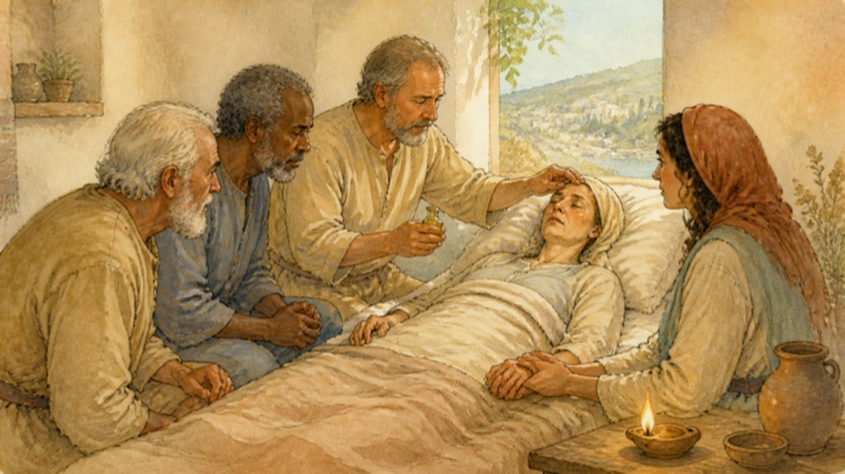 Church elders pray over a sick woman and anoint her with oil