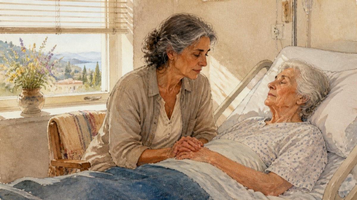 A daughter holds her mother's hand beside a hospital bed