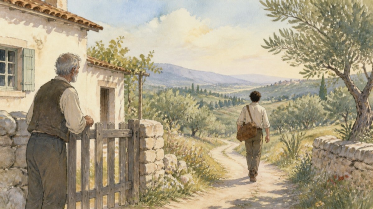 The younger son leaving home with his bags on a country road, his father watching from the gate