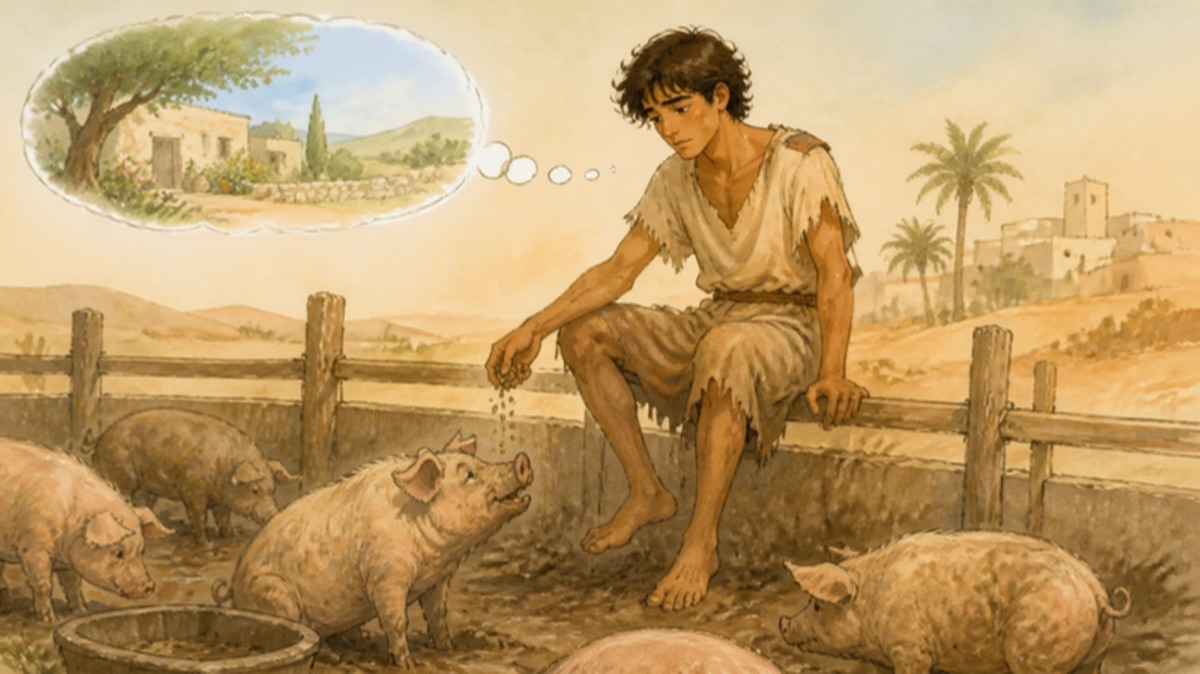 The hungry son sitting in a muddy pigpen in a faraway country, longing for home