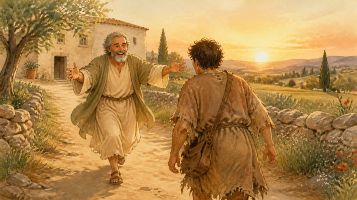 Watercolor children's illustration of a father running down a country path with open arms toward his returning son