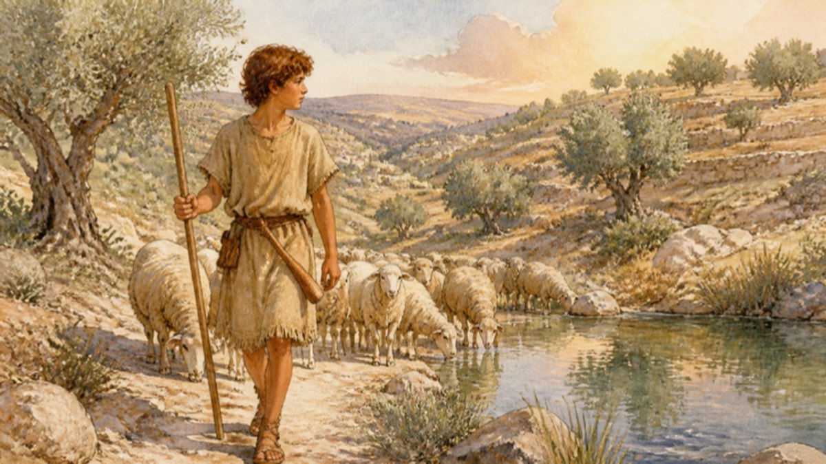 Young David as a shepherd boy leading sheep to a quiet pool in the hills near Bethlehem