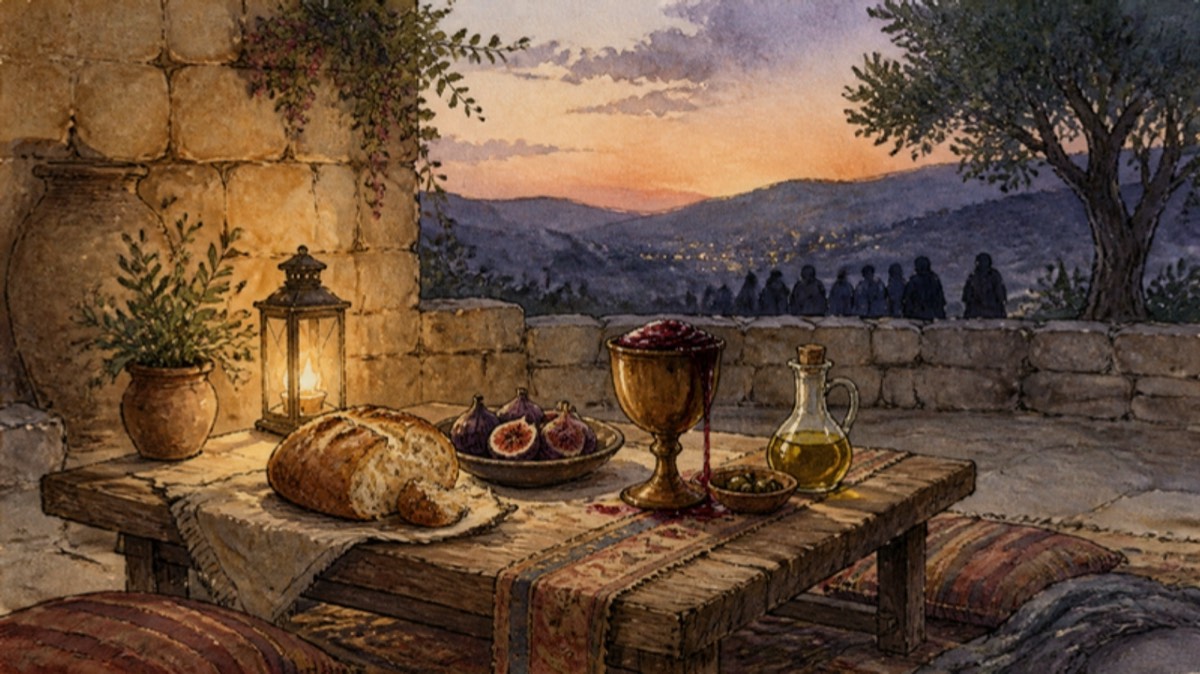 A table laid with bread and an overflowing cup in a stone courtyard at dusk, with a shadowed valley beyond the wall