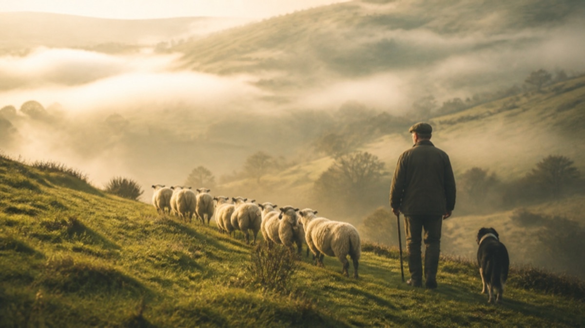 A shepherd with sheep on vibrant green hills in Ordu, Turkey.