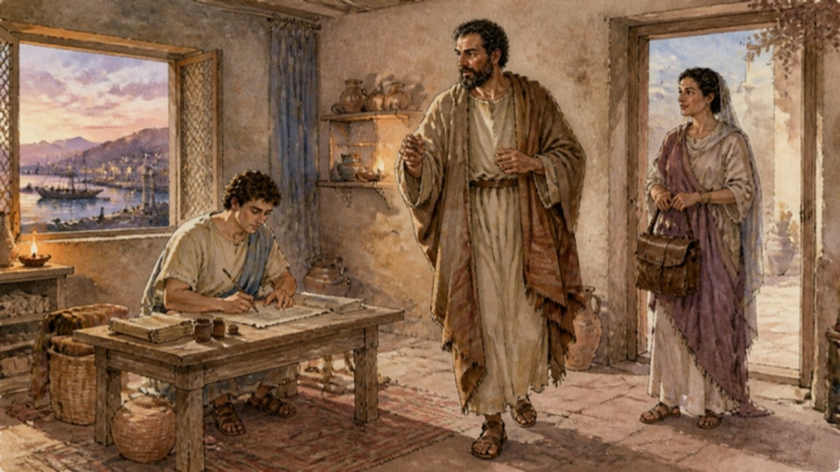 Paul dictating his letter to the Romans in a Corinth house while the scribe Tertius writes and Phoebe waits by the door