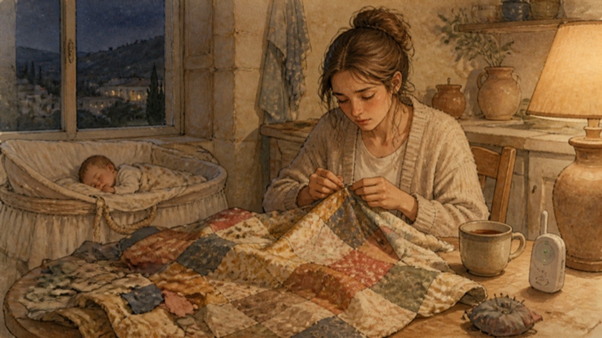 A tired mother at a kitchen table at night sewing a quilt from mismatched scraps of fabric
