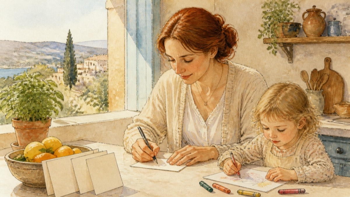 Watercolor of a mother in a soft cardigan writing a short verse on an index card at a sunlit kitchen counter, a few finished cards propped against a fruit bowl, a young child drawing beside her