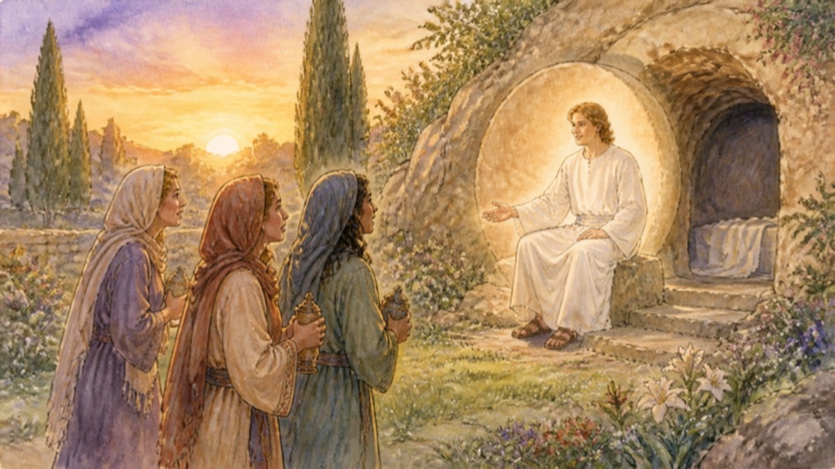The women arrive at the empty tomb at sunrise and find the stone rolled away