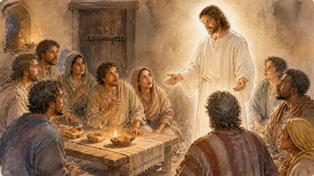 Jesus appears among the frightened disciples behind a locked door