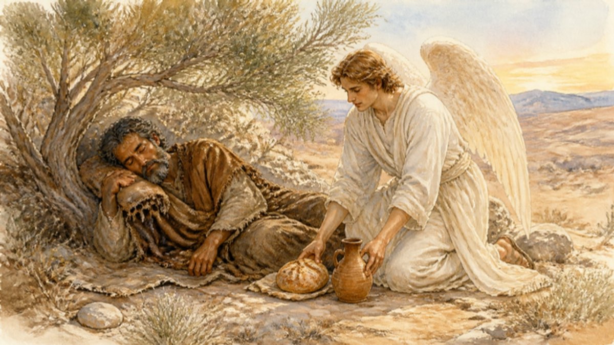 Elijah sleeps under a broom bush while an angel sets down bread and water