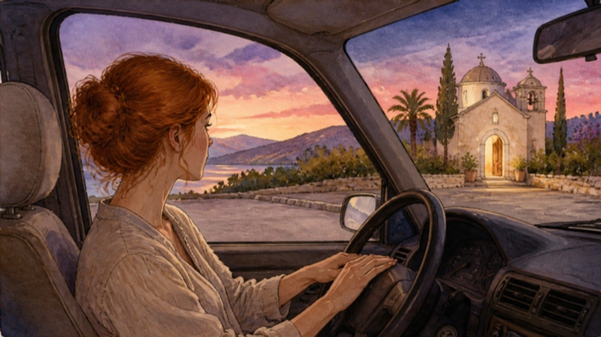 A mother sits in her parked car outside a church at dusk