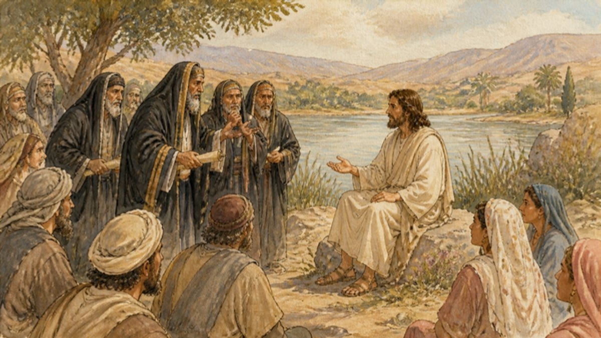 Jesus answers the Pharisees' question about divorce beside the Jordan
