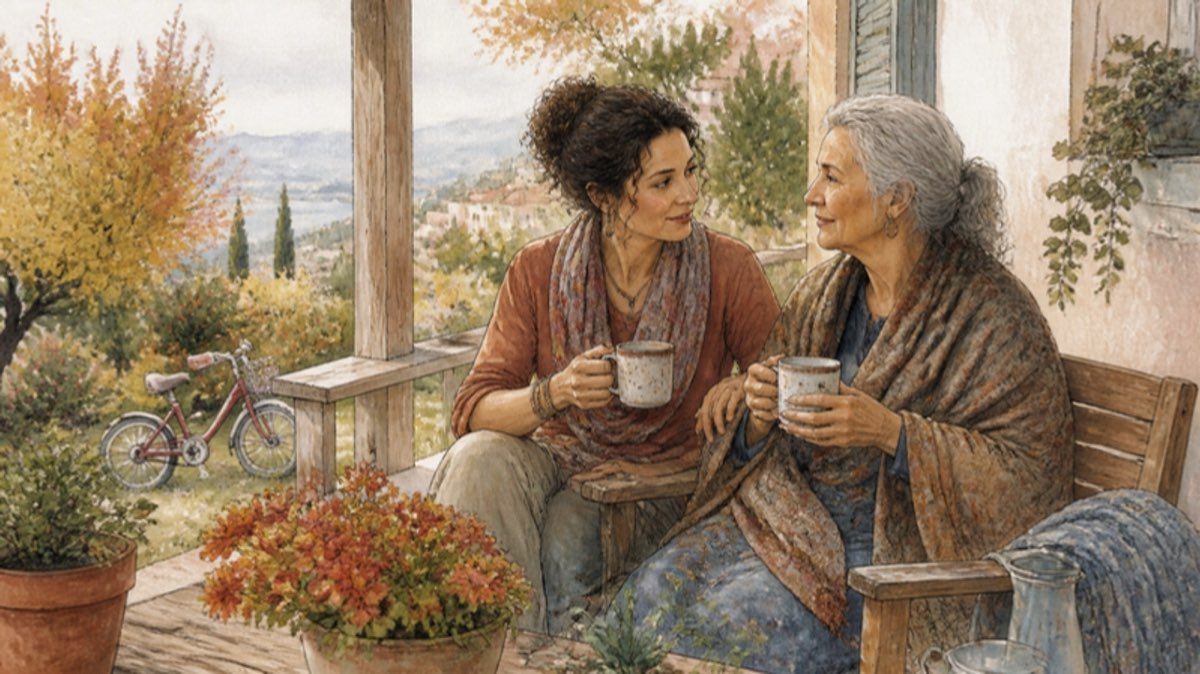 Two women talk quietly over coffee on a porch
