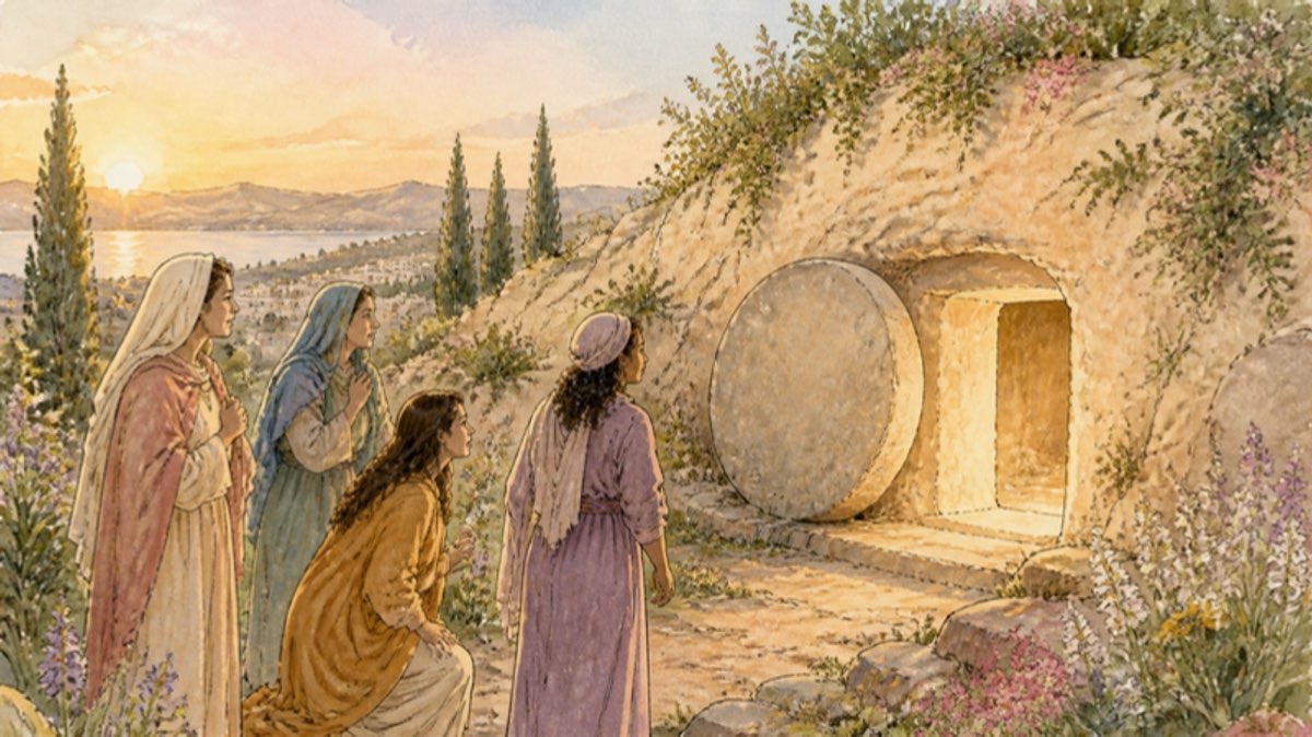 The empty garden tomb at dawn with the stone rolled away