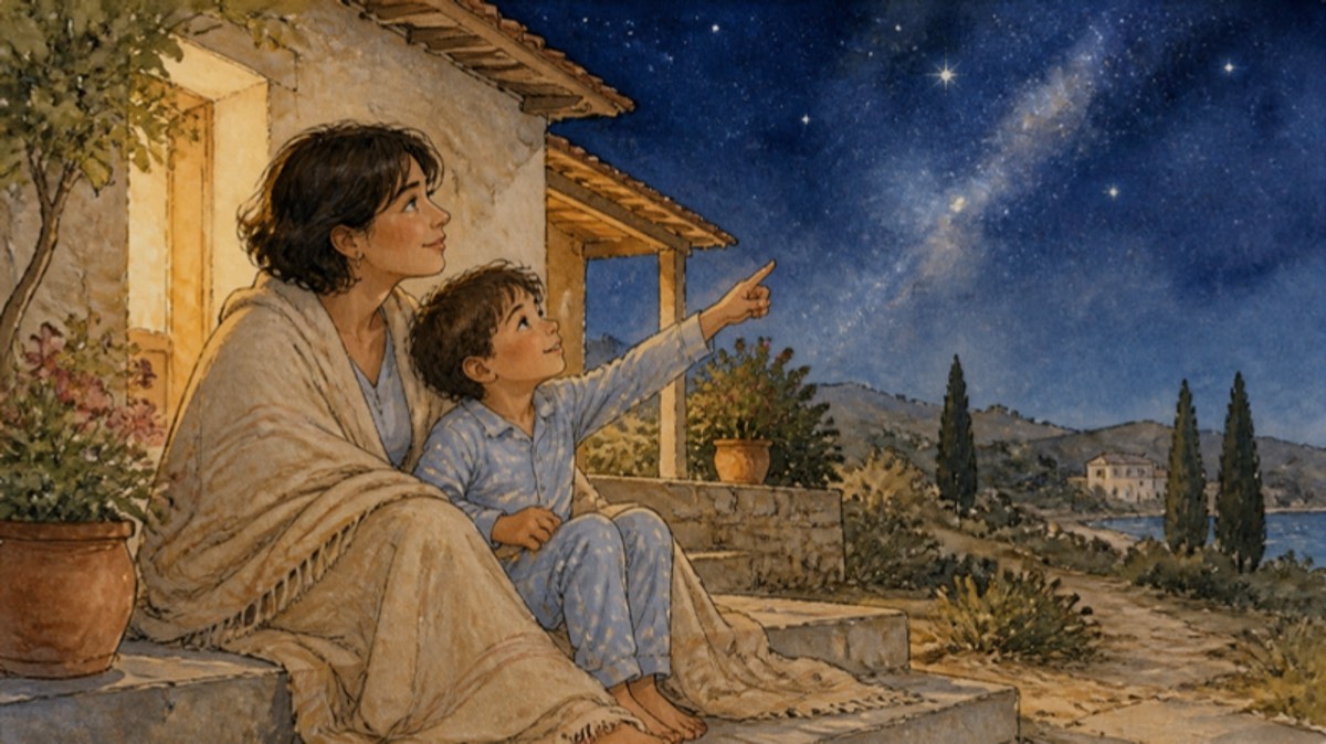 A mother and her small son look up at the stars from the porch