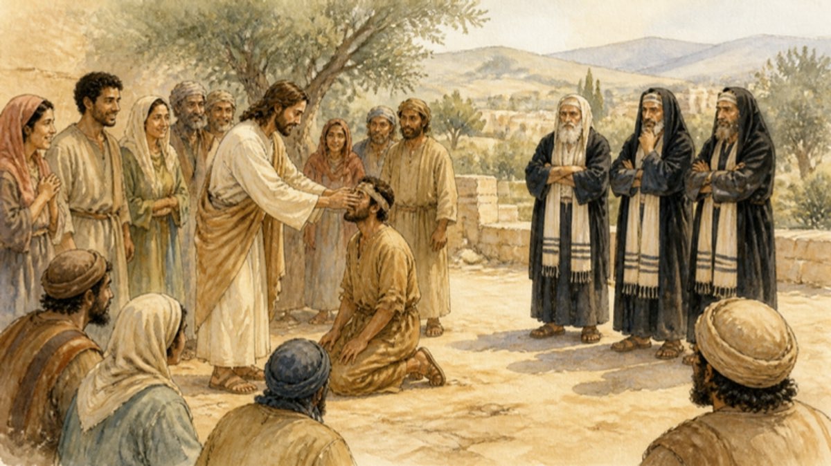 Villagers watch Jesus heal a blind man while three Pharisees stand apart, arms folded
