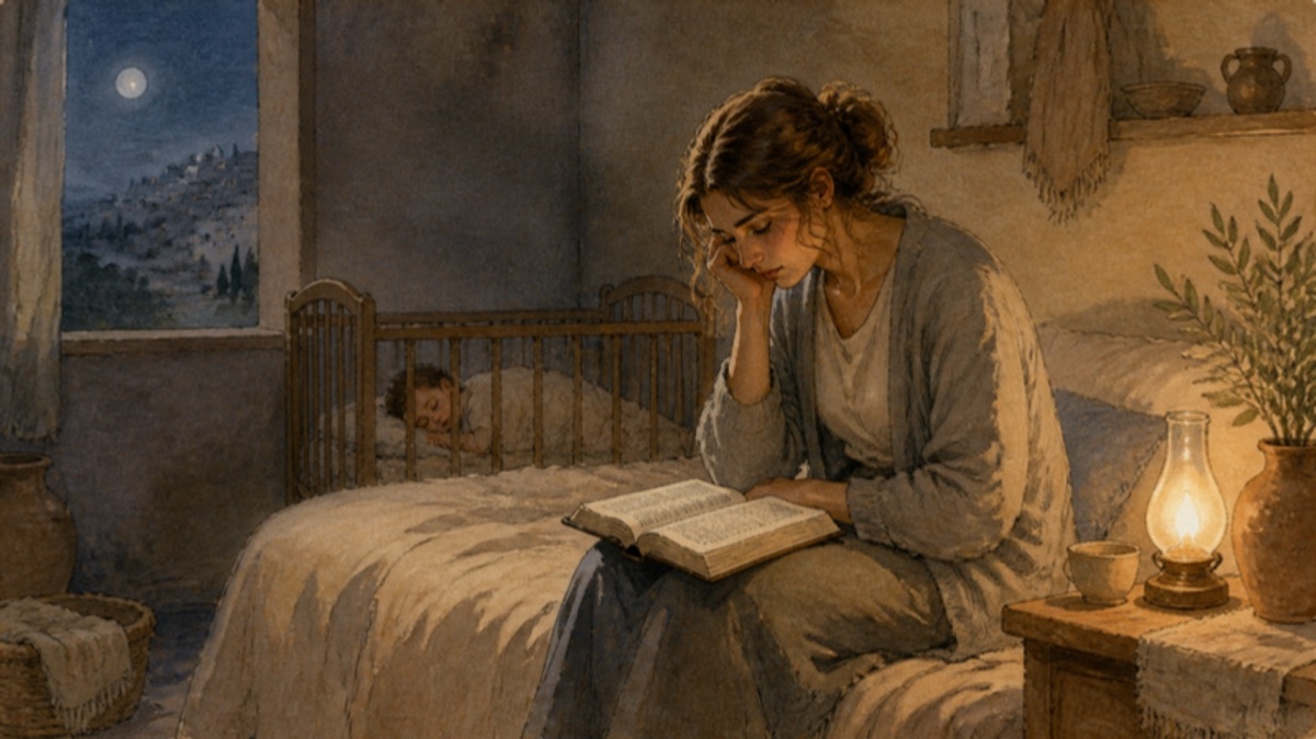 A mother reads her Bible by lamplight on the edge of the bed at night