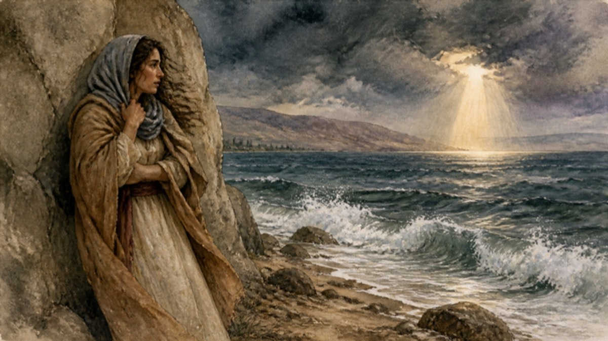 A woman shelters by a great rock as storm waves crash on the Sea of Galilee