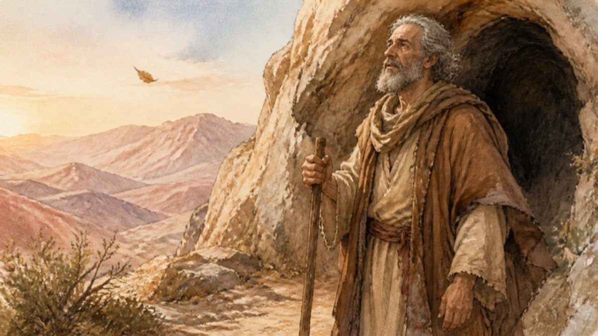 Elijah stands at the cave mouth as a gentle breeze follows the storm