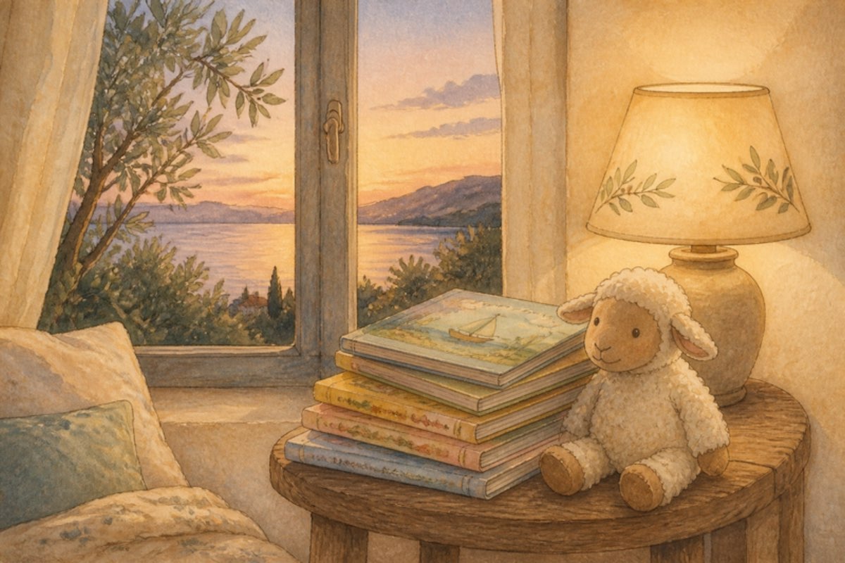 Watercolor of a stack of picture books, a plush lamb and a bedside lamp by a window at dusk