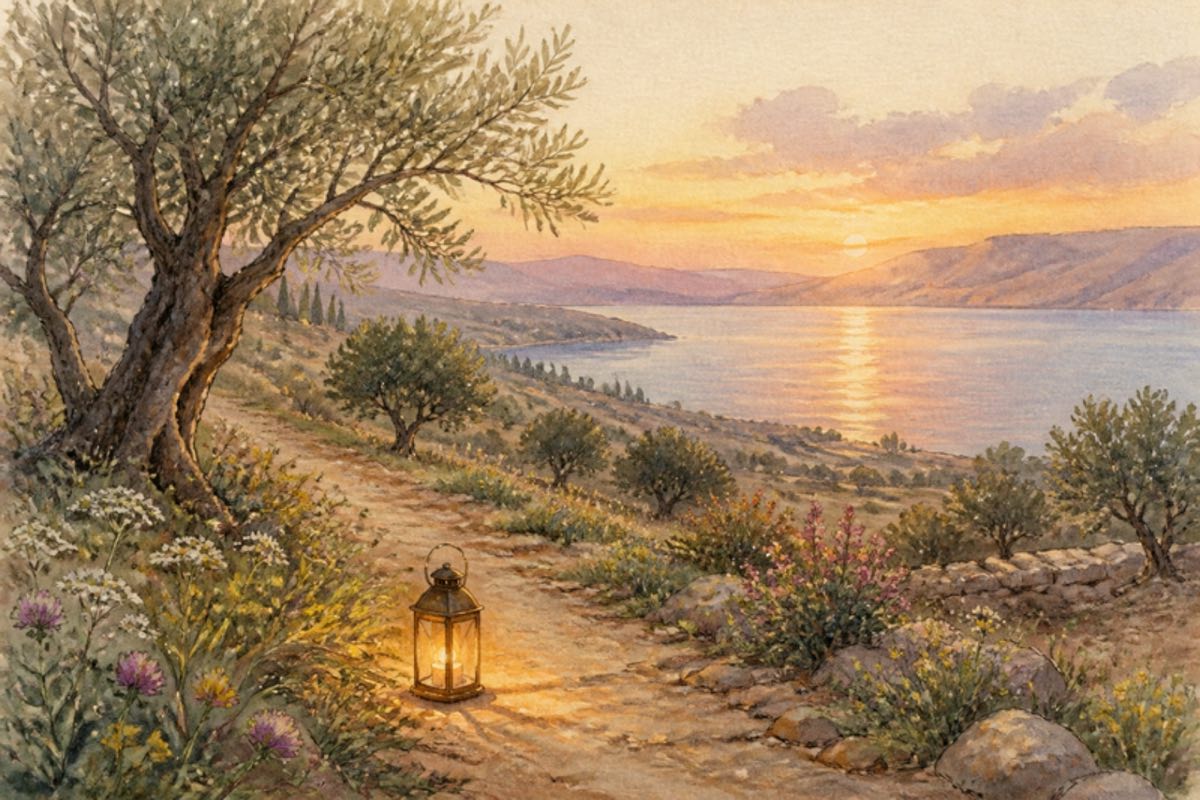 Watercolor of a glowing lantern on a path through wildflowers and olive trees above a lake