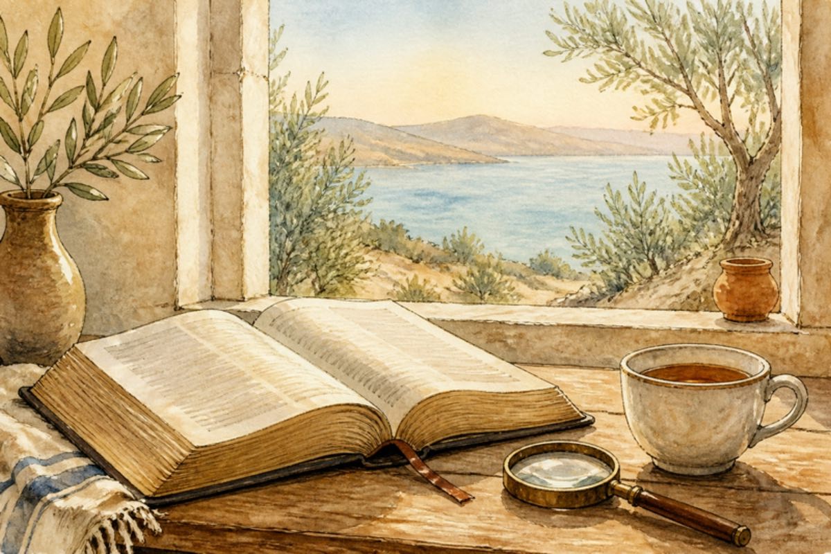 Watercolor of an open Bible, a magnifying glass and a cup of tea by a window over the Sea of Galilee