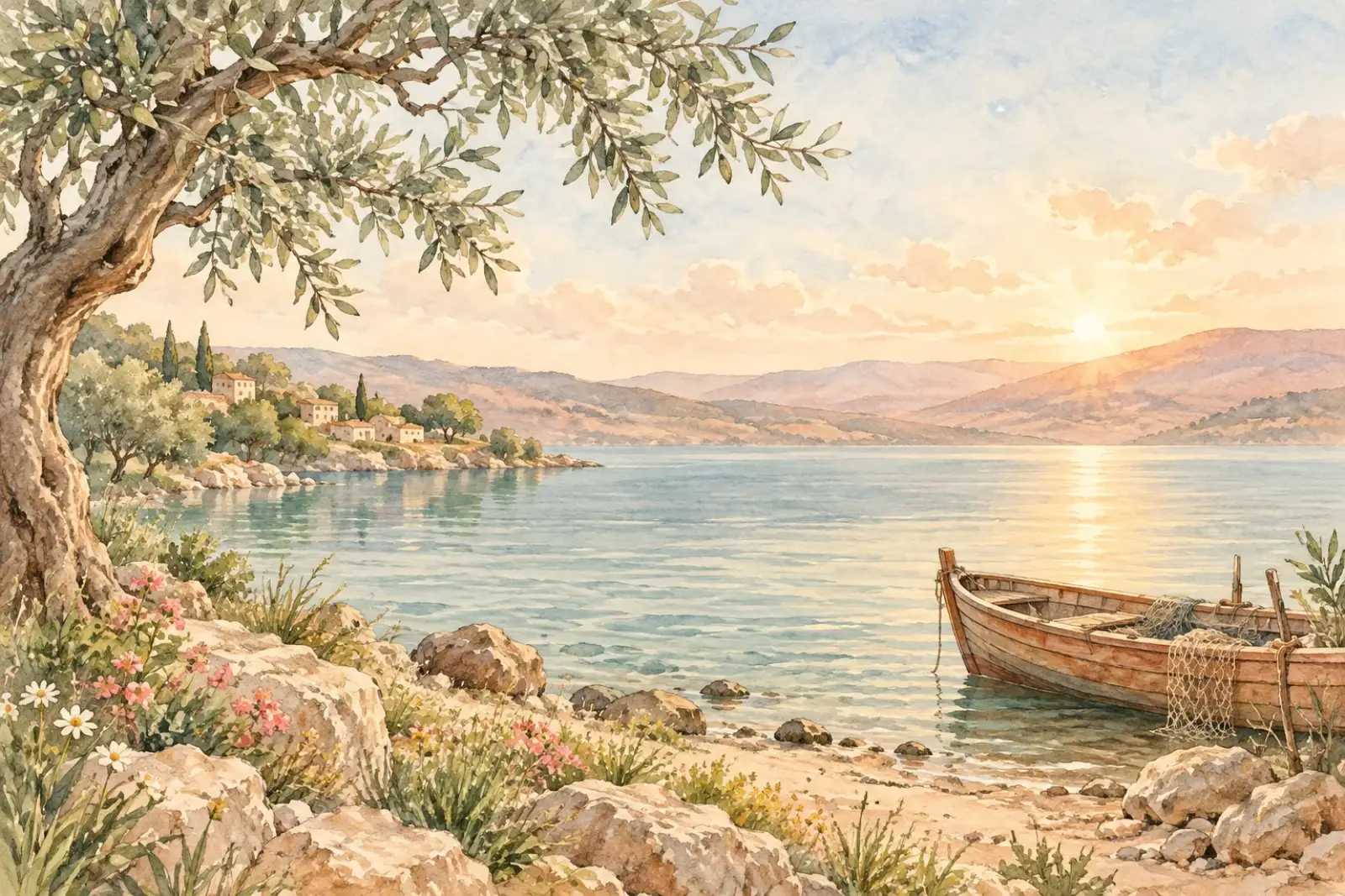 Soft watercolor of olive trees and the Sea of Galilee in warm morning light