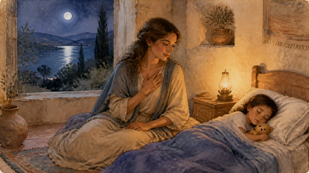 Watercolor of a mother sitting on the floor beside her sleeping child's bed at night, a small lamp glowing and a moonlit lake outside the window