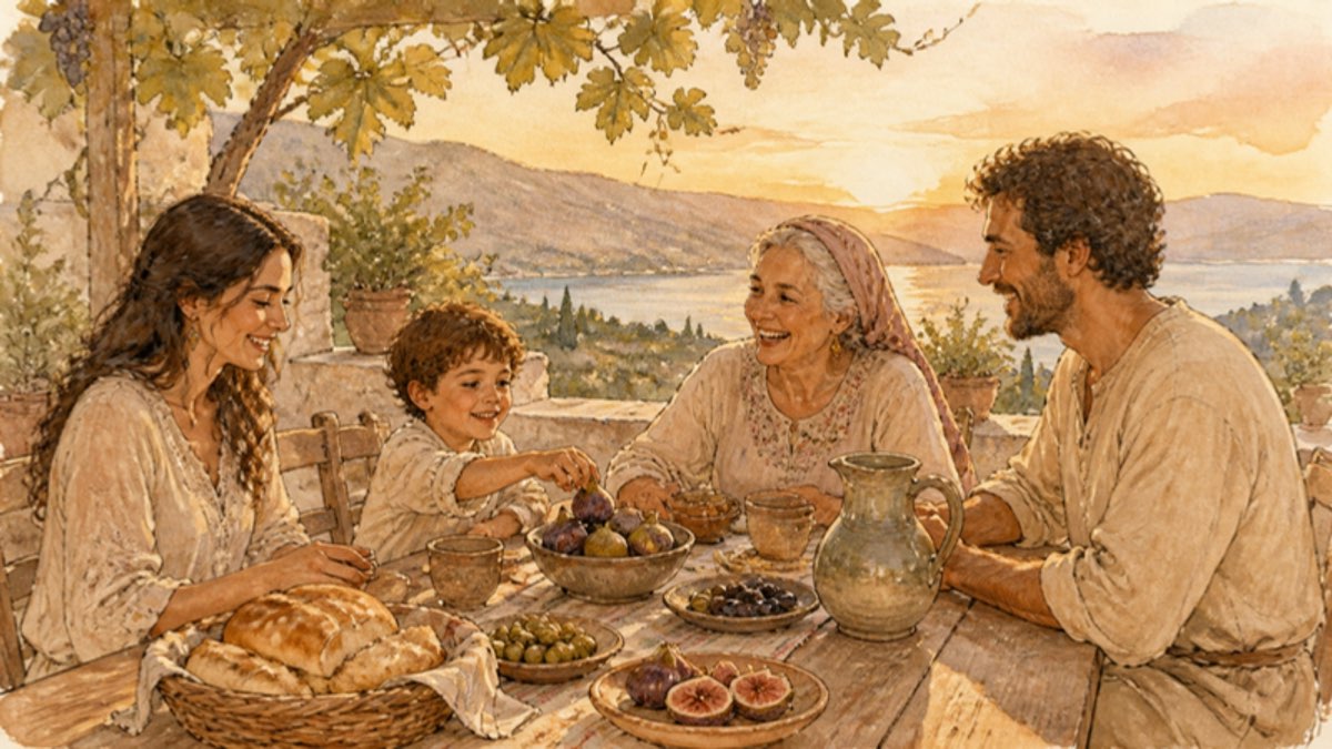 Watercolor of a family of four around a long wooden table on a vine-covered terrace at golden hour, bread, olives and figs on the table