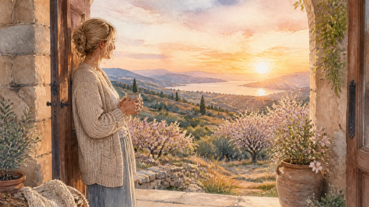 Watercolor of a mother standing in an open stone doorway at sunrise holding a mug, almond trees in blossom and a lake catching the first light