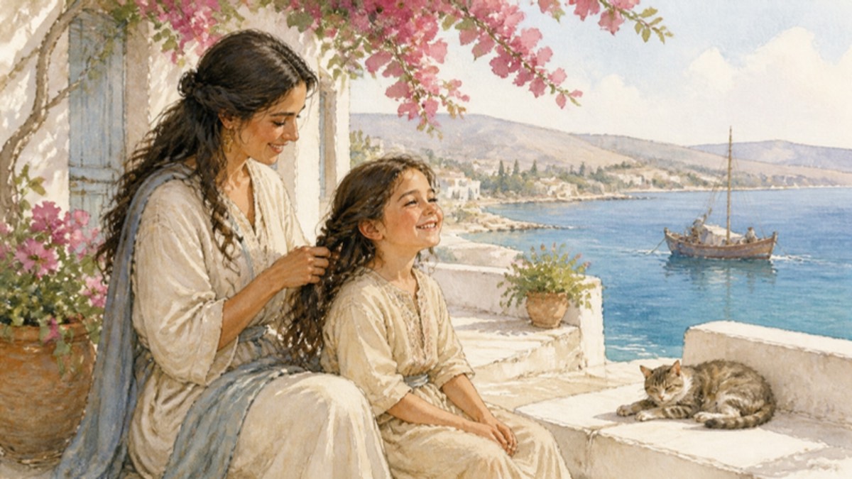 Watercolor of a mother braiding her young daughter's hair on a whitewashed terrace with pink bougainvillea and the sea beyond