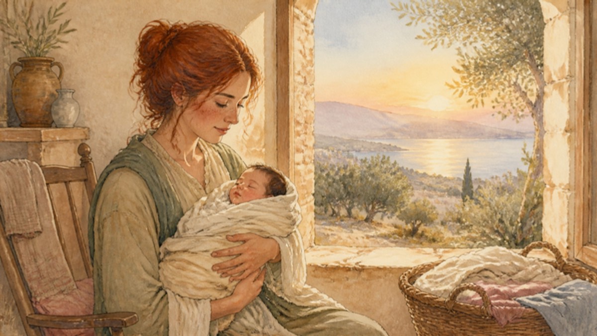 Watercolor of a mother in a loose bun holding a swaddled newborn by a tall open window at dawn, olive trees and a pale lake outside