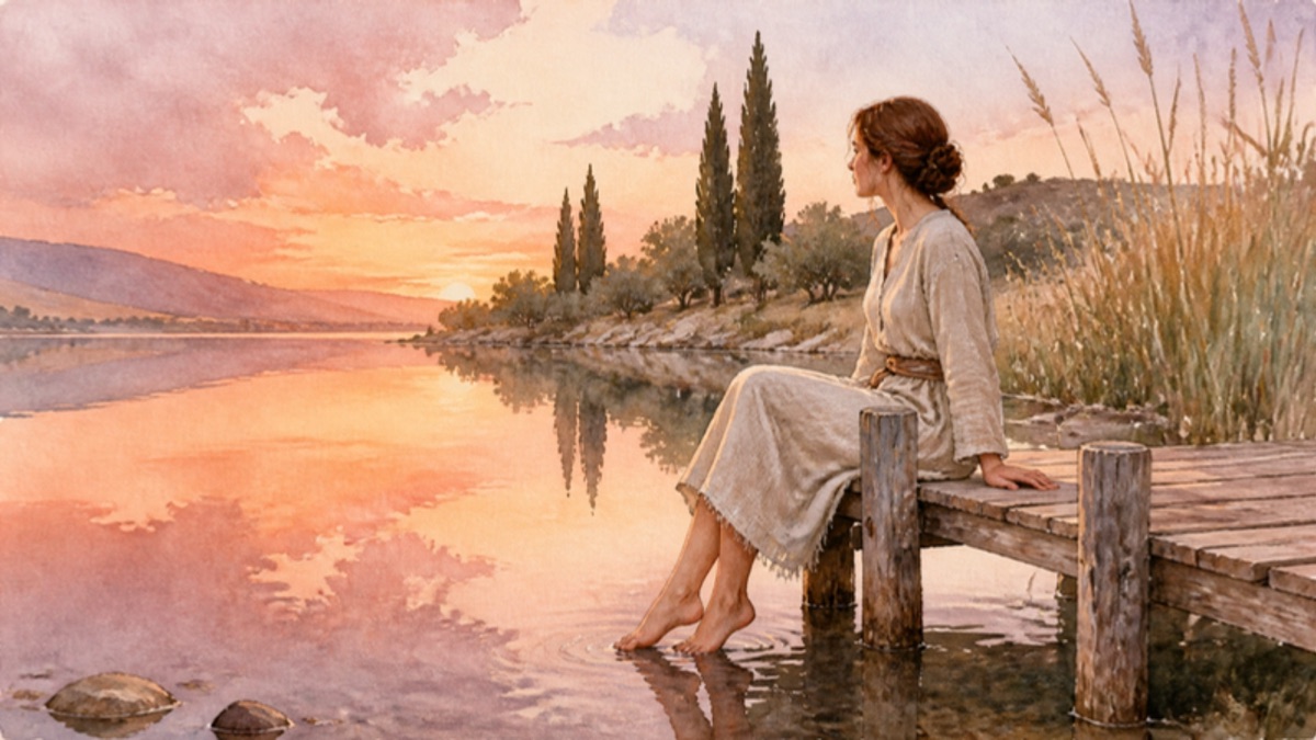 Watercolor of a woman sitting barefoot at the end of a small wooden dock over a still lake at evening, cypress trees along the shore