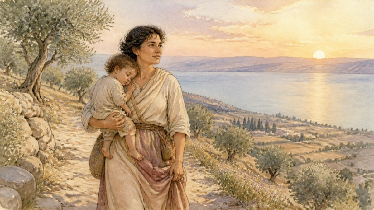 Watercolor of a mother carrying a sleepy toddler up a stony hillside path at dawn above the Sea of Galilee