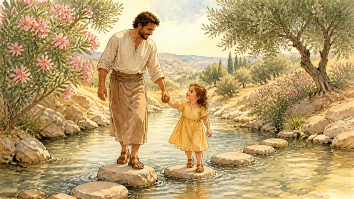 Watercolor of a father holding a small girl's hand as she steps across stones in a clear stream between olive trees